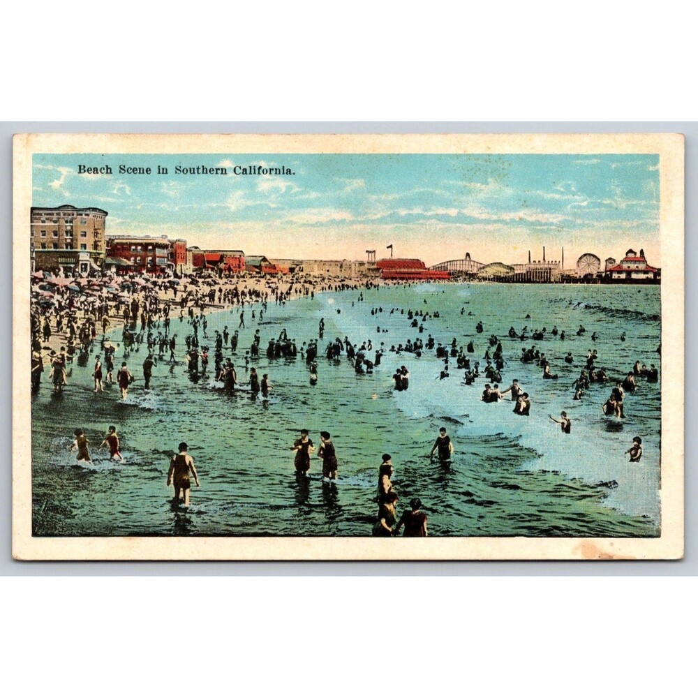 Vintage Postcard Beach Scene in Southern california S.H. Kress Amusement Pier